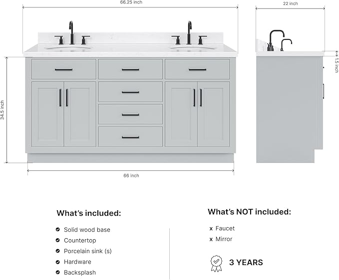 ARIEL Hepburn 66-inch Bathroom Vanity with Sink,Solid Wood, 1.5-inch Carrara White Quartz Countertop & Backsplash, Double Oval Porcelain Sink, 4 Soft Closing Doors, 6 Dovetail Drawers, Grey