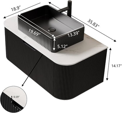 Yayzy 36" Floating Bathroom Vanity with Sink, Solid Wood Fluted Cabinet, Black Fluted Square Ceramic Basin & Faux Marble Top, Soft-Close Drawer, Pre-Assembled, Gloss Black