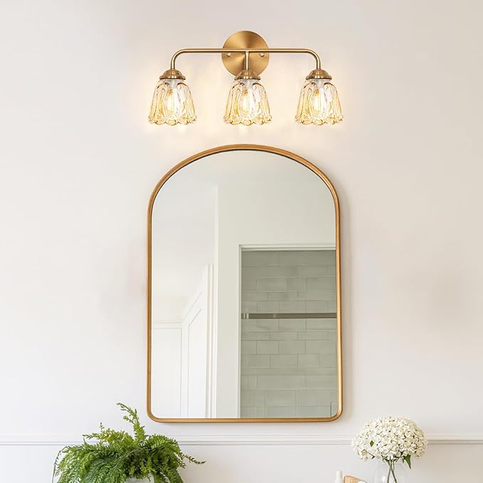 Vintage 3 Light Vanity Light, Gold Bathroom Vanity Light, Bathroom Light Fixtures with AmberGlass Shade, Antique Vanity Light Fixtures Over Mirror, Wall Sconce for Bedroom, Living Room