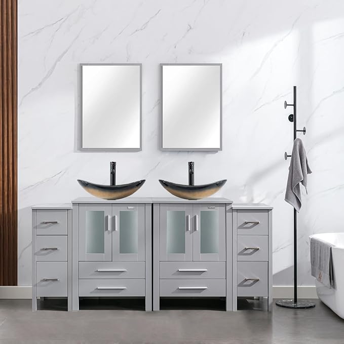 eclife 72" Modern Bathroom Vanity Sink Combo Freestanding Cabinet with Small Side Cabinet, Champagne Boat Glass Vessel Sink, Water Save Faucet, Drain (Gray+A29CH)