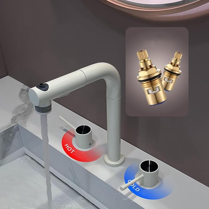 BiaoTeng Bathroom Faucets for Sink 3 Hole Pull Out 3 Functions with 360° Swivel Hot and Cold Double Handle Faucets for Bathroom Sinks Brass Milky White