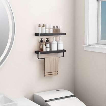 16-Inch Black Floating Bathroom Shelves with Towel Bar， Clear Tempered Glass Wall Shelf 2-Pack – Versatile Bathroom Organizer Set