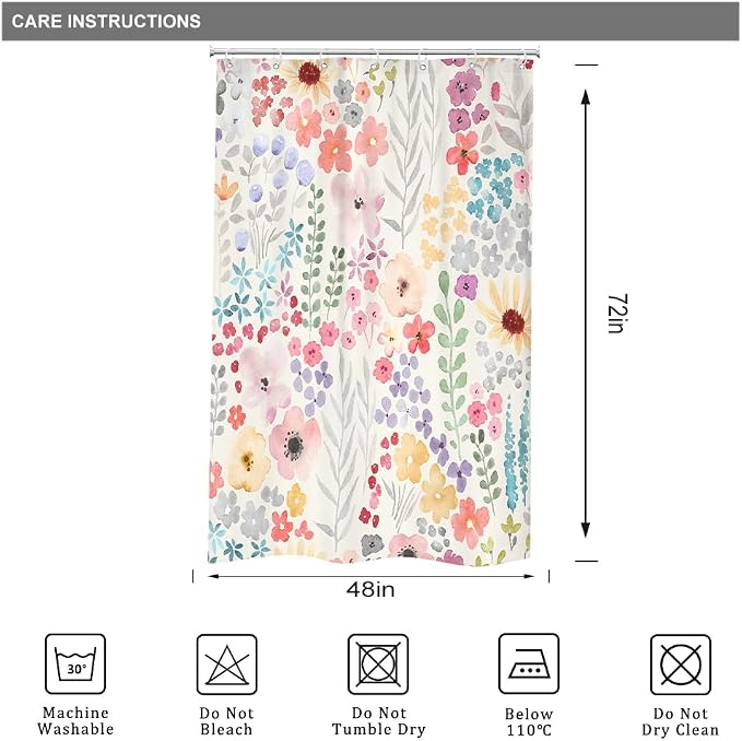 Small Stall Narrow Floral Watercolor Cute Girly Bathroom Shower Curtain Set | 48"W x 72"H Plants Boho; waterproof HD print, quick-dry fabric with 12 hooks for easy hanging.