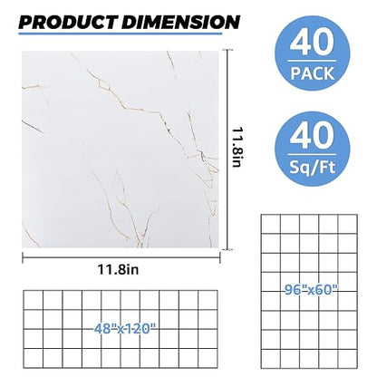 40 Sheet Vinyl Flooring 12x12 Inch Marble White Peel and Stick Floor Tile Waterproof Vinyl Floor Tiles Clearance Self Adhesive Floor Tiles Sticky Laminate Flooring on Bathroom Kitchen Basement