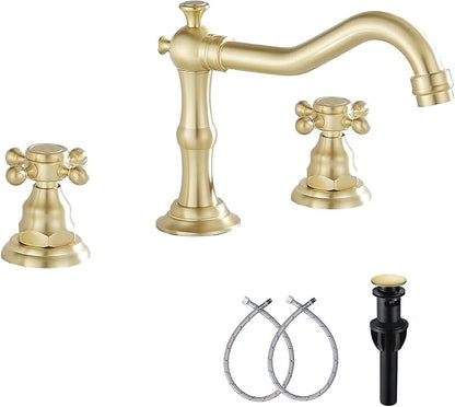 Brushed Gold Bathroom Faucet GGStudy 2 Handles 3 Holes Widespread Bathroom Sink Facuet Farmhouse Washingroom Faucet Mixer Tap