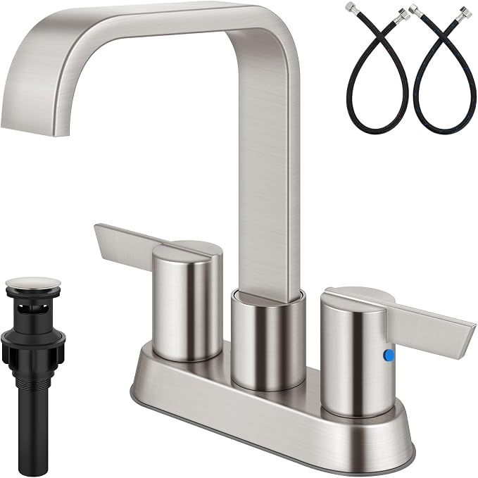 Brushed Nickel Waterfall Bathroom Faucet 4 Inch Centerset,2-Handle | Stainless Steel 3-Hole Deck-Mount Design Includes Supply Lines and Pop-Up Drain for a Complete Vanity Installation