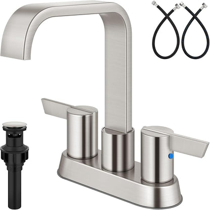 Brushed Nickel Waterfall Bathroom Faucet 4 Inch Centerset,2-Handle | Stainless Steel 3-Hole Deck-Mount Design Includes Supply Lines and Pop-Up Drain for a Complete Vanity Installation