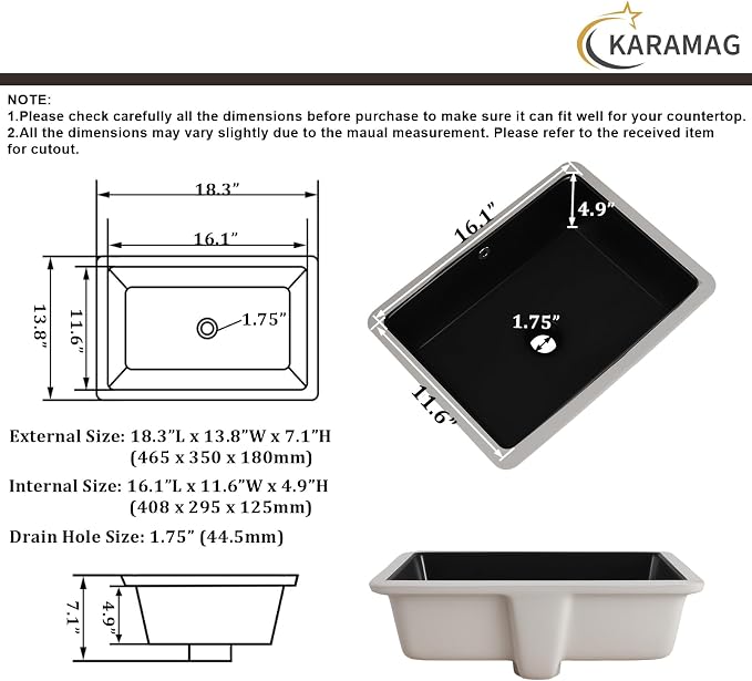 18 Inch Undermount Bathroom Sink Black Rectangle Sink with Overflow | 18-1/2"x14" Matte Black Under Counter Design,Ceramic,Easy to Clean,Modern Style,Ideal for bathroom,vanity, lavatory,restroom