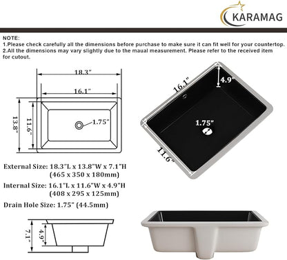 18 Inch Undermount Bathroom Sink Black Rectangle Sink with Overflow | 18-1/2"x14" Matte Black Under Counter Design,Ceramic,Easy to Clean,Modern Style,Ideal for bathroom,vanity, lavatory,restroom