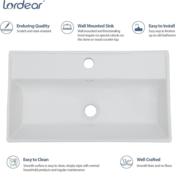 Lordear Wall Mount Bathroom Sink 21x12 Inch White Rectangle Vanity Sink with Overflow Faucet Hole Porcelain Ceramic Floating Bathroom Vessel Sinks, Wall Hung Wash Hand Basin