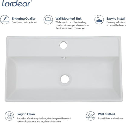 Lordear Wall Mount Bathroom Sink 21x12 Inch White Rectangle Vanity Sink with Overflow Faucet Hole Porcelain Ceramic Floating Bathroom Vessel Sinks, Wall Hung Wash Hand Basin