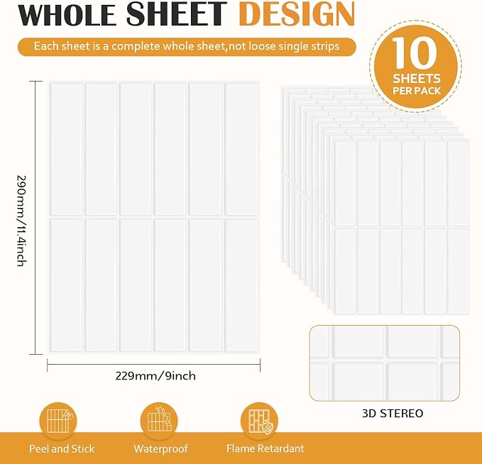 JOLOV 10 Pack Peel and Stick Backsplash Tiles, Waterproof 3D Stickers | Thicker self-adhesive 3D tile stickers for kitchen and bathroom walls; removable, waterproof and easy to install.