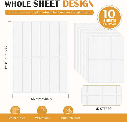 JOLOV 10 Pack Peel and Stick Backsplash Tiles, Waterproof 3D Stickers | Thicker self-adhesive 3D tile stickers for kitchen and bathroom walls; removable, waterproof and easy to install.