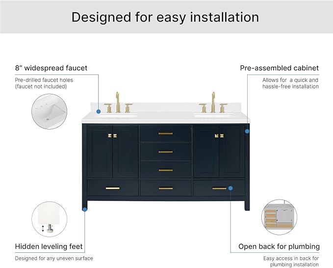 ARIEL Cambridge 66-inch Bathroom Vanity with Sink,Solid Wood, 1.5-inch Carrara White Quartz Countertop, Double Rectangular Porcelain Sink, 4 Soft Closing Doors, 6 Dovetail Drawers, Midnight Blue