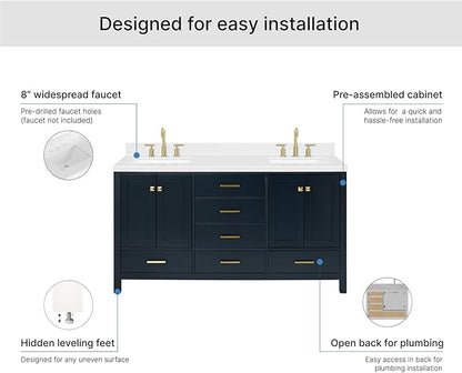 ARIEL Cambridge 66-inch Bathroom Vanity with Sink,Solid Wood, 1.5-inch Carrara White Quartz Countertop, Double Rectangular Porcelain Sink, 4 Soft Closing Doors, 6 Dovetail Drawers, Midnight Blue