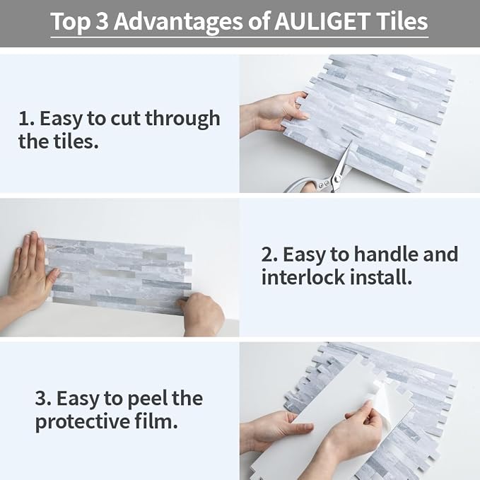 AULIGET 20 Sheets Faux Stone Peel and Stick Backsplash, Light Grey Marble Look PVC Mixed Metal Wall Tiles Stick on Backsplash for Kitchen