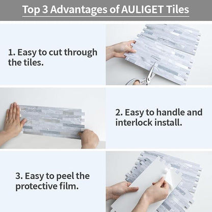 AULIGET 20 Sheets Faux Stone Peel and Stick Backsplash, Light Grey Marble Look PVC Mixed Metal Wall Tiles Stick on Backsplash for Kitchen