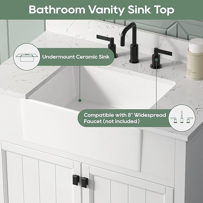 36 Inch White Bathroom Vanity with Sink, Farmhouse Bathroom Vanities Cabinet with Soft Closing Doors, Vanity for Bathroom with Apron Farm Sink, Solid Wooden Frame