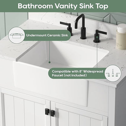 36 Inch White Bathroom Vanity with Sink, Farmhouse Bathroom Vanities Cabinet with Soft Closing Doors, Vanity for Bathroom with Apron Farm Sink, Solid Wooden Frame