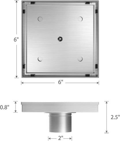 6 Inch Square Shower Drain with Tile Insert Grate, Brushed | 304 Stainless Steel, Square Tile Floor Drain for Bathroom, Removable Tile-In Drain Grate with Hair Strainer, cUPC Certified