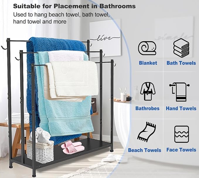 Extra Large Free Standing Towel Rack, Black | 3 Tiers Heavy Duty Blanket Drying Stand Holder with Metal Storage Shelf & 6 Hooks for Bathroom, Pool, Bedroom, Living Room