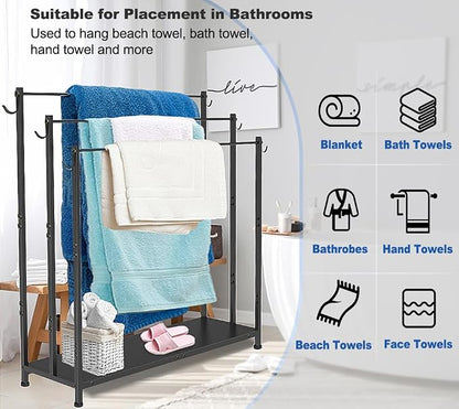 Extra Large Free Standing Towel Rack, Black | 3 Tiers Heavy Duty Blanket Drying Stand Holder with Metal Storage Shelf & 6 Hooks for Bathroom, Pool, Bedroom, Living Room
