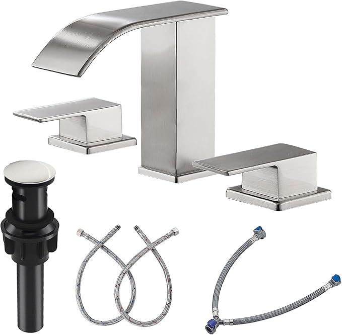 Waterfall Bathroom Sink Faucet 3 Hole, Brushed Nickel Bathroom Faucet, 8 Inch Widespread Bathroom Faucet Modern with Pop Up Drain Parts 3 Piece Mixer Double Handle