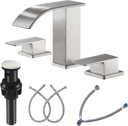 Waterfall Bathroom Sink Faucet 3 Hole, Brushed Nickel Bathroom Faucet, 8 Inch Widespread Bathroom Faucet Modern with Pop Up Drain Parts 3 Piece Mixer Double Handle