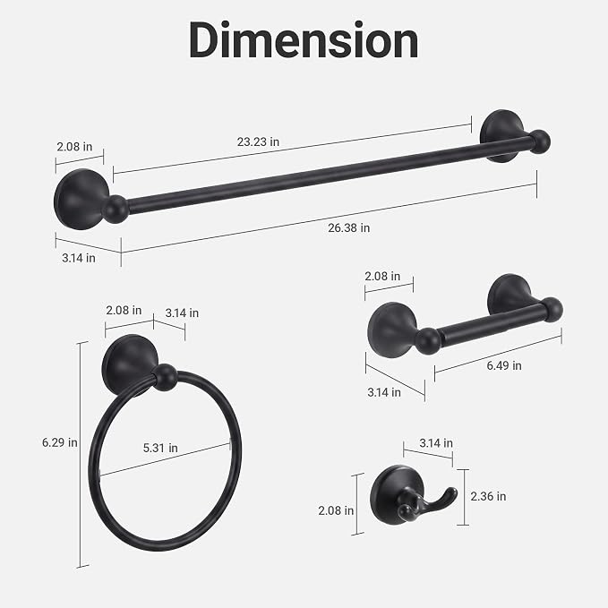 24-Inch Wall Mounted Towel Racks for Bathroom – Space Saver 4-Piece Durable Stainless Steel Bathroom Hardware Set with Towel Bar, Towel Ring, Toilet Paper Holder & Hook, Matte Black