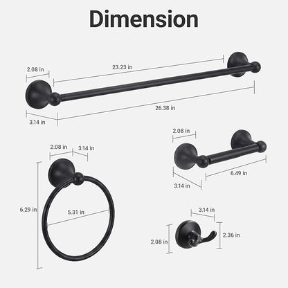 24-Inch Wall Mounted Towel Racks for Bathroom – Space Saver 4-Piece Durable Stainless Steel Bathroom Hardware Set with Towel Bar, Towel Ring, Toilet Paper Holder & Hook, Matte Black