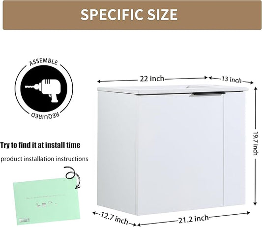 22" Floating Bathroom Vanity with Sink,22 Inch Wall Mounted for Small Bathrooms, Soft-Close Door Cabinet with White Ceramic Basin & Waterproof Plywood, Modern Space Saving Vanity, White