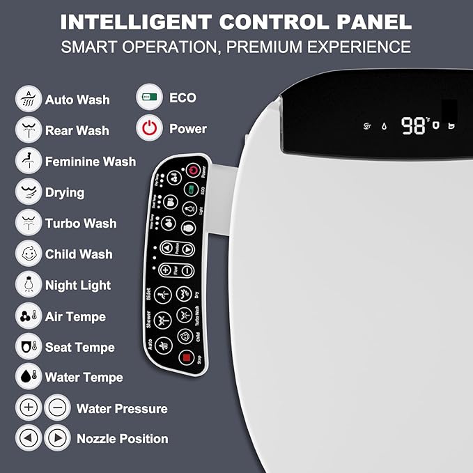 LOUPUSUO Electric Heated Bidet Toilet Seat with Warm Water Wash | Heated Seat, Warm Air Dryer, Soft Closed Lid, Night Light,Toilet Seat with LED Display and Multiple Cleaning Modes