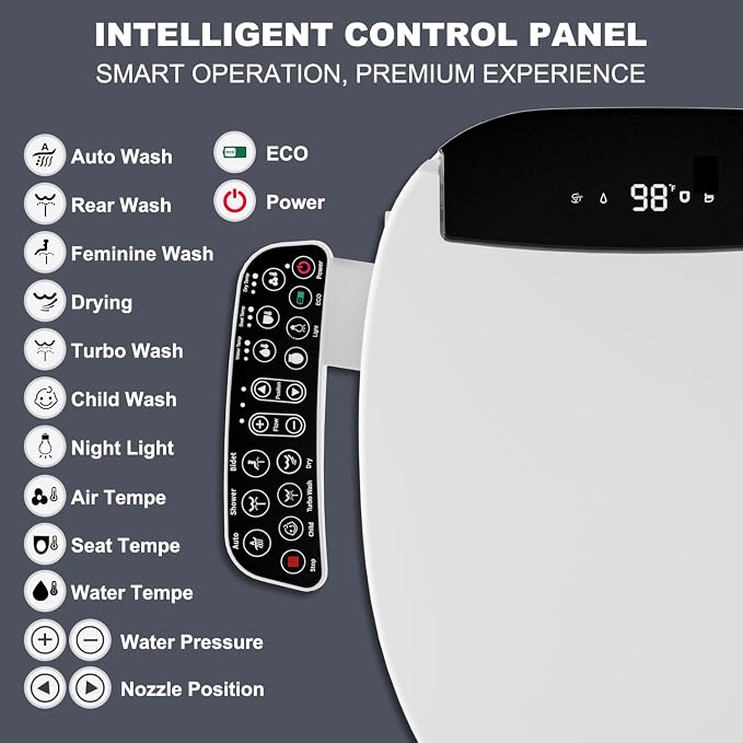 Electric Bidet Toilet Seat, Heated Bidet with Multiple Cleaning Modes | Heated Seat, Warm Air Dryer, Soft Closed Lid, Night Light, Toilet Seat with LED Display and Multiple Cleaning Modes