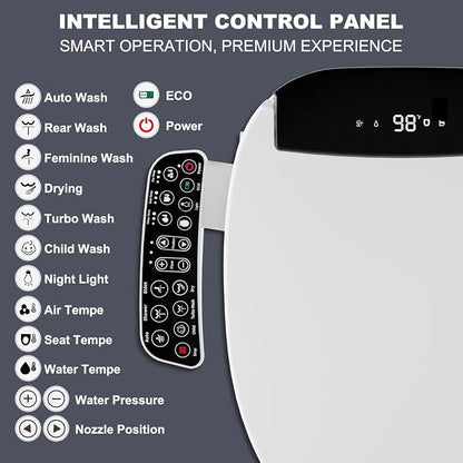 Electric Bidet Toilet Seat, Heated Bidet with Multiple Cleaning Modes | Heated Seat, Warm Air Dryer, Soft Closed Lid, Night Light, Toilet Seat with LED Display and Multiple Cleaning Modes