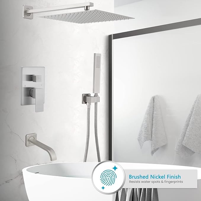 Brushed Nickel Rain Shower System Tub Shower Faucet Set 12 Inch Square Rainfall Shower Head with Handheld Sprayer and Tub Spout Rough-in Valve Shower Mixer Combo Kit