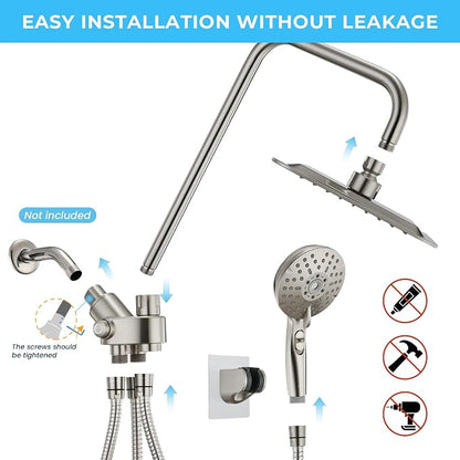 Dual Shower Head Combo, 8'' High Pressure Rain Shower Head with Handheld Spray, 6+1 Spray Settings Handheld Showerhead, Height Adjustable, One-touch Pause Button, Brushed Nickel