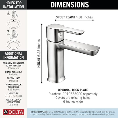 Delta Modern Chrome Bathroom Faucet 1 Hole, Single Hole Bathroom Sink Faucet for Vanity, Push-Pop Drain Assembly, Chrome 581LF-PP