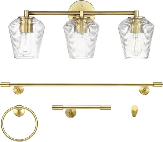 GLOBE Electric 63000063 5-Piece All-in-One Bathroom Set, Matte Brass Finish, 3-Light Vanity Light, Glass Shades, Towel Bar, Toilet Paper Holder, Towel Ring, Robe Hook, Bathroom Lights Over Mirror