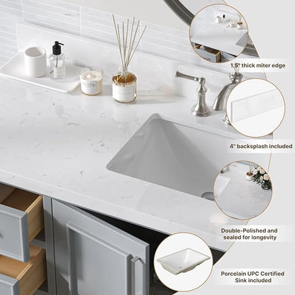 ARIEL 42 inch Bathroom Vanity top with Sink, 1.5 Inch Thick Miter Edge Carrara White Quartz top, Right Offset Vanity top with Rectangle Porcelain Sink, Includes Backsplash