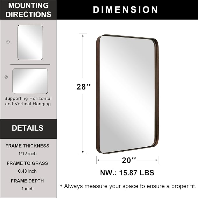 Wall Mirror for Bathroom, 20”x28”Brushed Bronze Bathroom Mirror, Rounded Rectangle Mirror in Premium Stainless Steel Metal Frame Hangs Horizontal Or Vertical