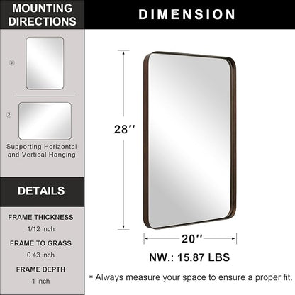 Wall Mirror for Bathroom, 20”x28”Brushed Bronze Bathroom Mirror, Rounded Rectangle Mirror in Premium Stainless Steel Metal Frame Hangs Horizontal Or Vertical