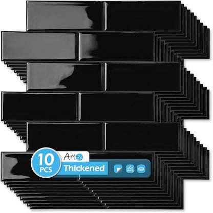 Art3d Subway Design Wall Tile, Peel and Stick Backsplash, 10-Pack, Black | 12 x 12 Inch, Water Resistant, Durable, Easy to Installation, Coastal Style, for Modern Home Decor, Kitchen, Home Improvement