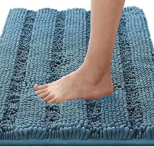 H.VERSAILTEX Bathroom Rugs Bath Rugs for Bathroom Non Slip Bath Mats Extra Thick Chenille Striped Rug 17" x 24" Absorbent Soft Shaggy Washable Dry Fast Bath Mats for Bath Room Floor - Turquoise Blue