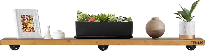 TEN49 Industrial Pipe Wood Wall Shelf - 60" Real Wooden Shelf w/ Special Walnut Color & 1.8" Extra Thickness - Modern Interior Decor Floating Shelving - Rustic Farmhouse Style Bookshelf - Set of 1
