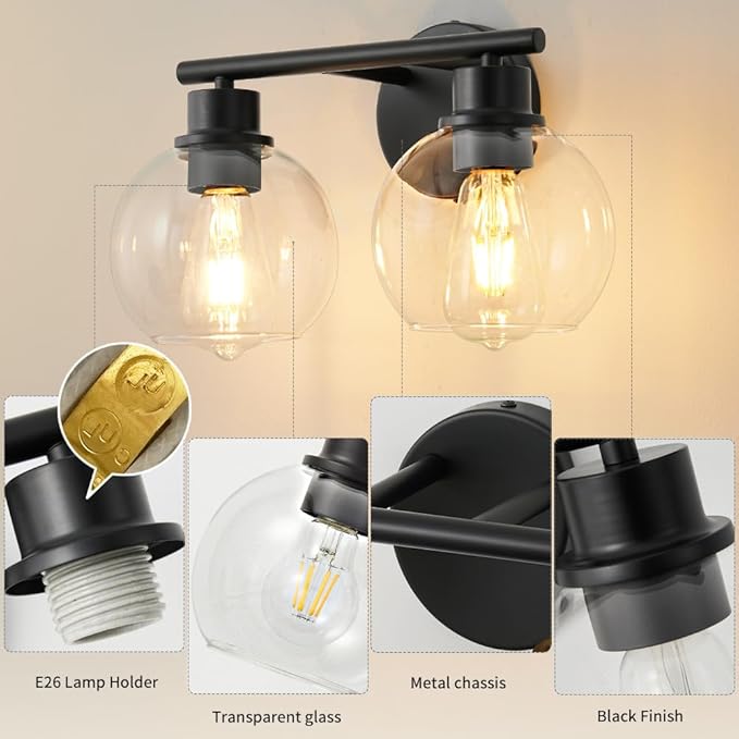 Bathroom Light Fixtures Over Mirror 2-Lights Bathroom Vanity Light with Clear Glass Shade 13.8 inch Modern Wall Sconce Black Vanity Lighting for Bath