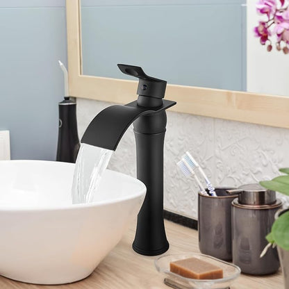 gotonovo Waterfall Vessel Sink Faucet for Sink 1 Hole,Single Handle Tall Bathroom Sink Faucet,Brass Waterfall Bathroom Faucet Arc Body Mixer Tap with Pop Up Drain and Supply Line,Matte Black