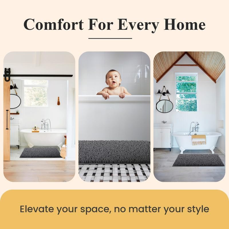 MAYSHINE Plush Shaggy Chenille Bath Mat | Extra Soft, Super Absorbent, Non-Slip Bathroom Rug | Fluffy Microfiber, Area Rug Sets for Bathroom Floor, Kitchen, Living Room | 47"x27" | White