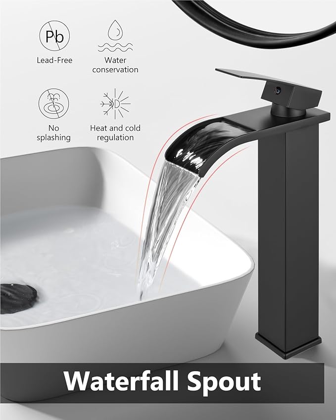 Vessel Sink Faucet Waterfall Tall Bathroom Faucet Single Handle,Single Hole Lavatory Vanity Mixer Tap with Pop Up Drain and Supply Lines,Matte Black