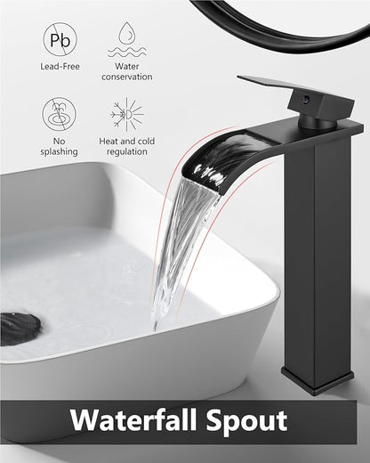 Vessel Sink Faucet Waterfall Tall Bathroom Faucet Single Handle,Single Hole Lavatory Vanity Mixer Tap with Pop Up Drain and Supply Lines,Matte Black