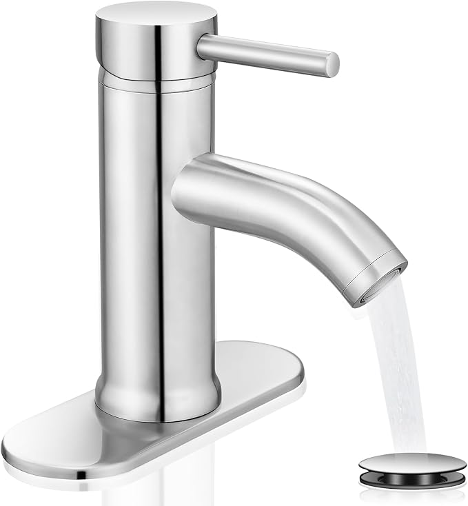 Brushed Nickel Bathroom Faucets Single Hole Bathroom Sink Faucet | Modern Single Handle Bathroom Faucte 1 or 3 Hole, RV Sink Vanity Faucet (with Drain, Brushed Nickel)